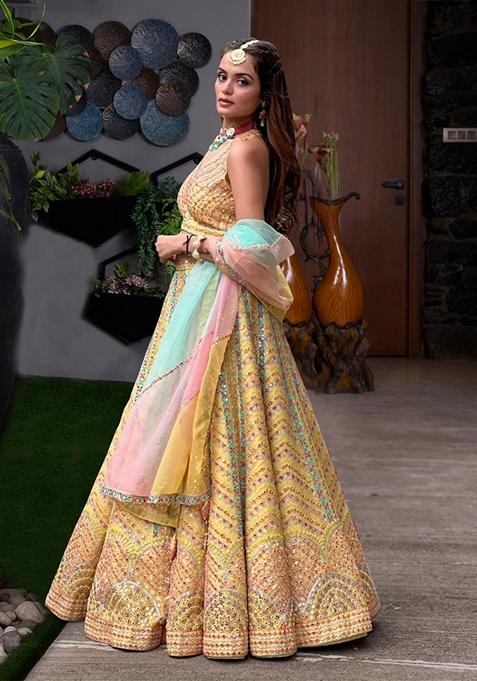 Yellow Sequin Thread Embroidered Dola Silk Lehenga Set