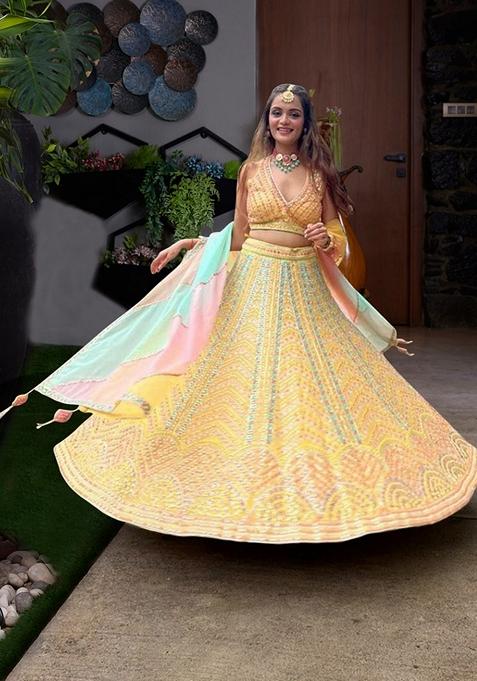 Yellow Sequin Thread Embroidered Dola Silk Lehenga Set