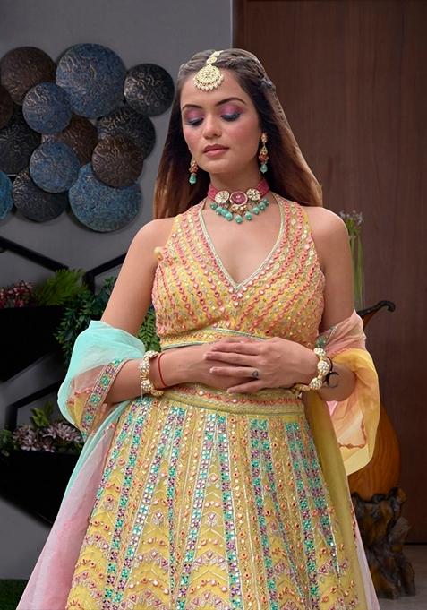 Yellow Sequin Thread Embroidered Dola Silk Lehenga Set