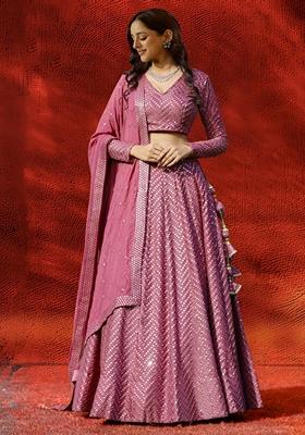 Magenta Sequin Thread Embroidered Faux Georgette Lehenga Set