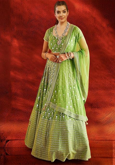 Green Sequin Thread Embroidered Banglori Silk Lehenga Set