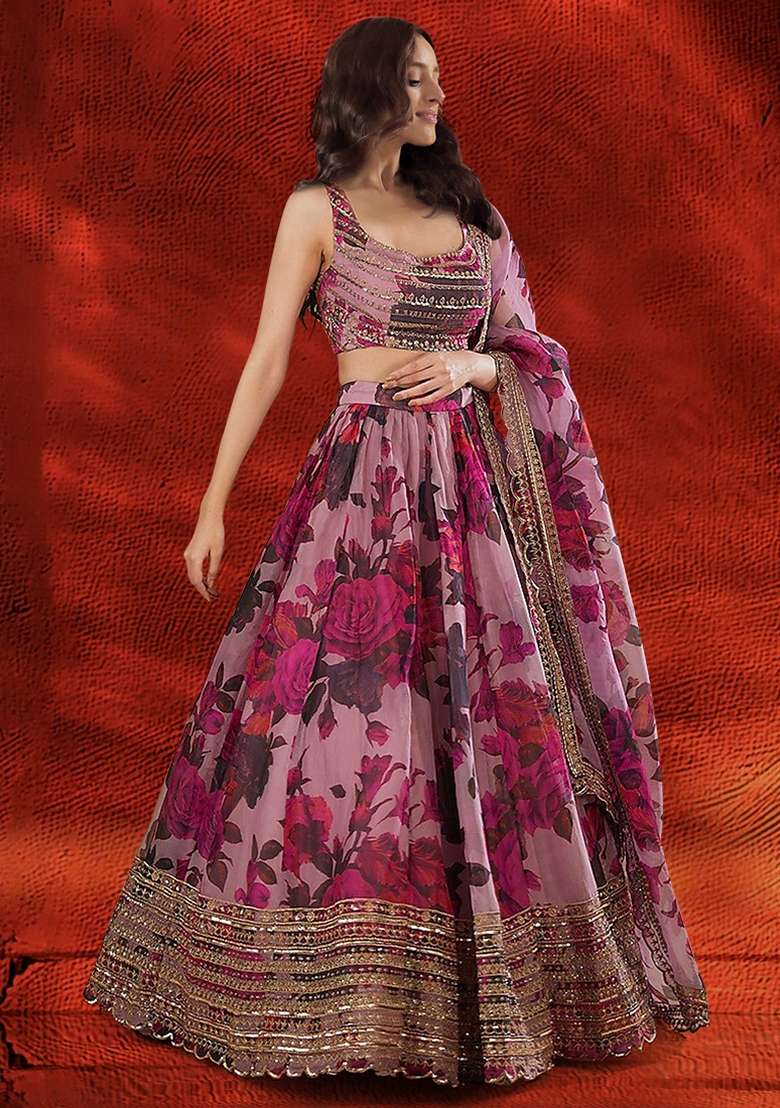 Light Purple Sequin Thread Embroidered Organza Lehenga Set for Diwali and Festive Wear - Indya