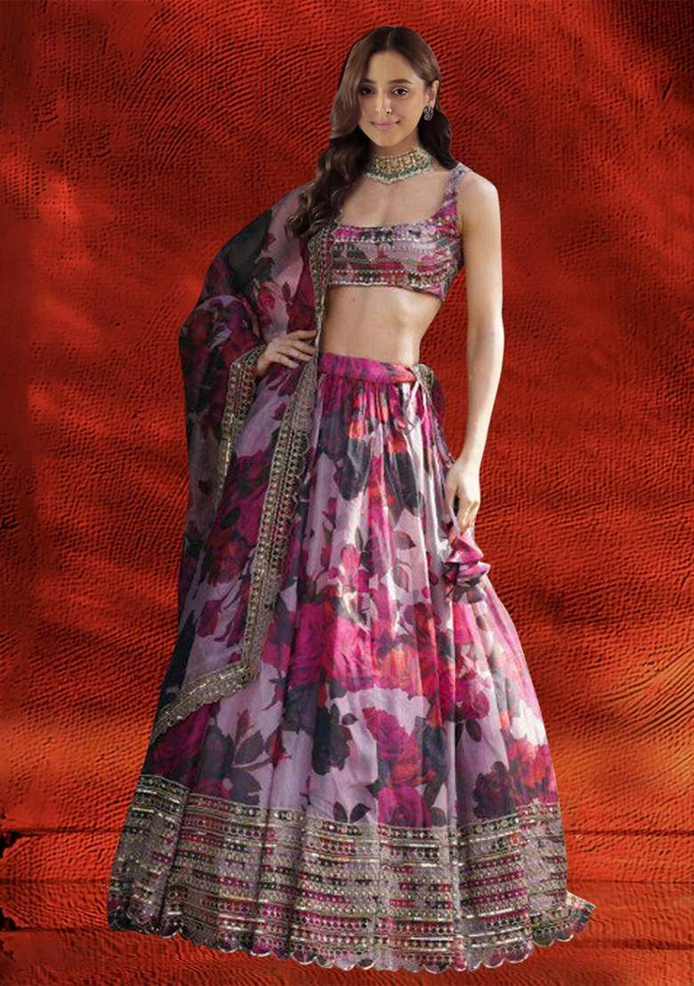 Light Purple Sequin Thread Embroidered Organza Lehenga Set for Diwali and Festive Wear - Indya