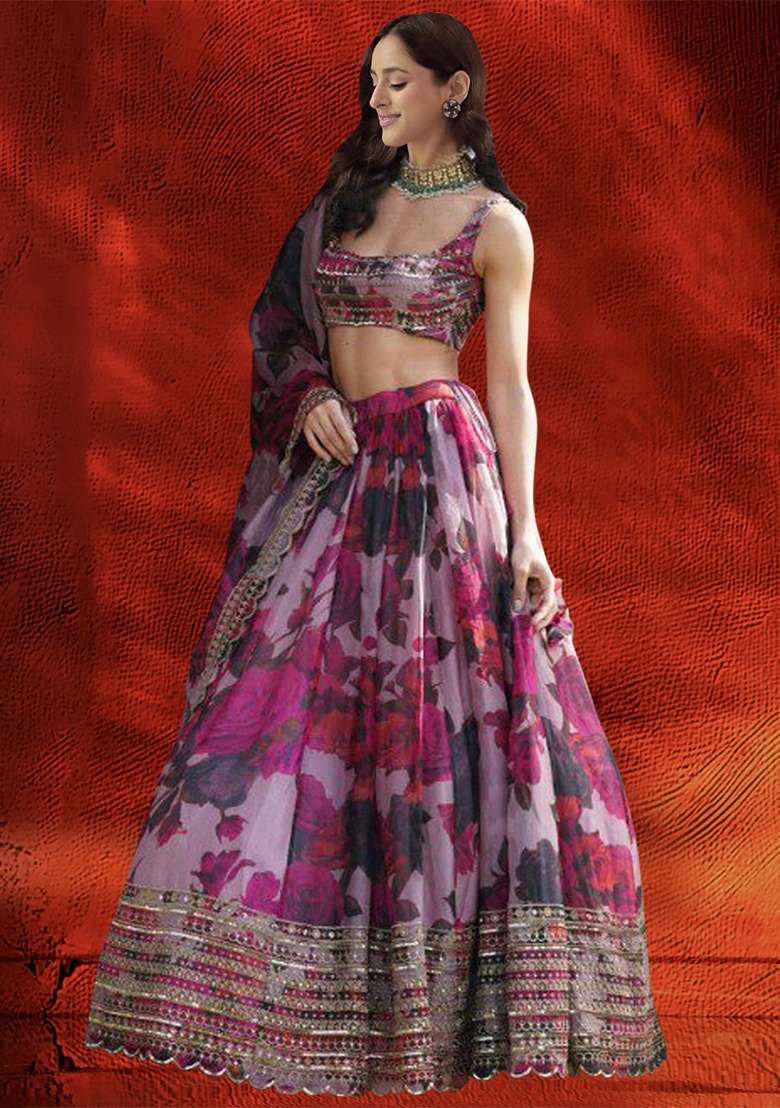 Light Purple Sequin Thread Embroidered Organza Lehenga Set for Diwali and Festive Wear - Indya