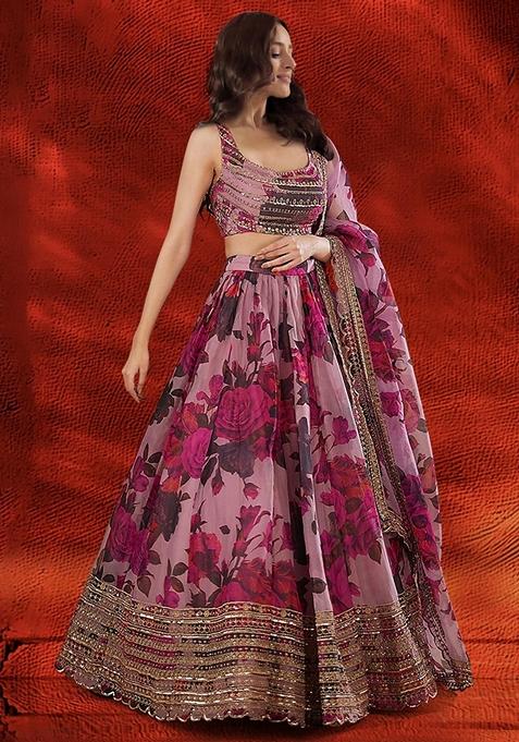 Light Purple Sequin Thread Embroidered Organza Lehenga Set