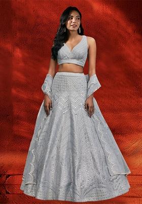 Grey Sequin Thread Embroidered Heavy Banglori Silk Lehenga Set