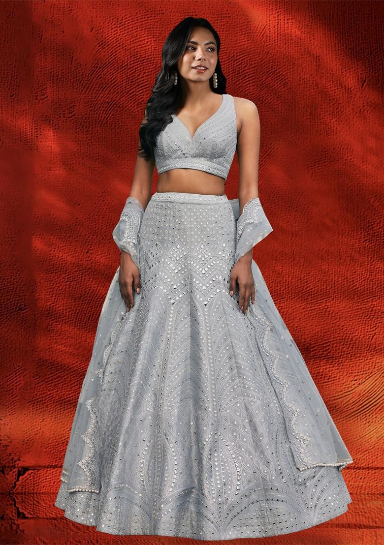 Grey Sequin Thread Embroidered Heavy Banglori Silk Lehenga Set