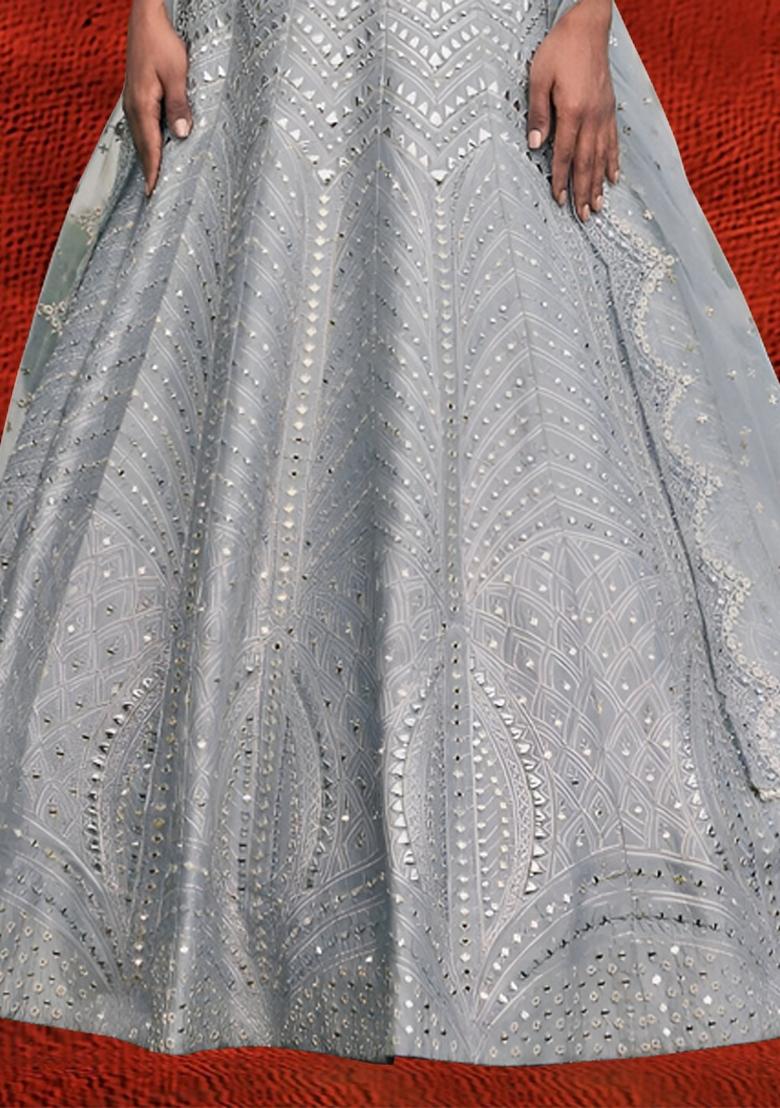 Grey Sequin Thread Embroidered Heavy Banglori Silk Lehenga Set