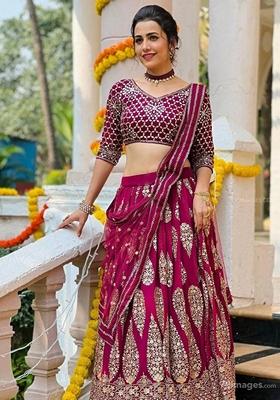 Magenta Sequin Thread Embroidered Banglori Silk Lehenga Set