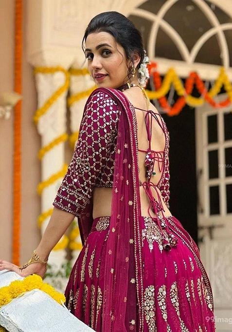 Magenta Sequin Thread Embroidered Banglori Silk Lehenga Set