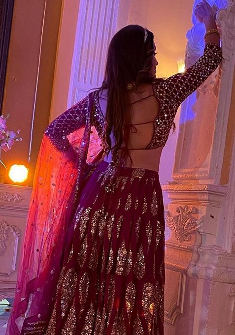 Magenta Sequin Thread Embroidered Banglori Silk Lehenga Set