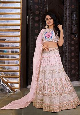 Pink Sequin Thread Embroidered Banglori Silk Lehenga Set