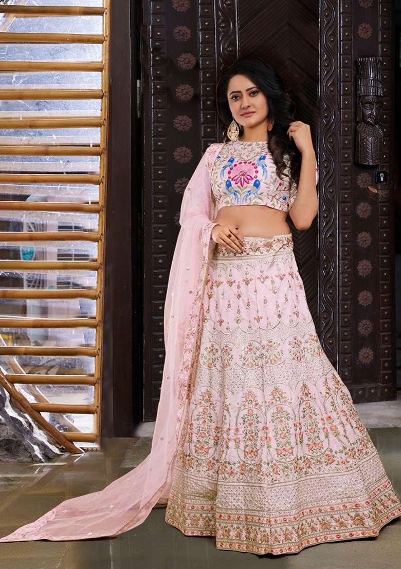 Pink Thread Banglori Silk Blend Lehenga Set with Embroidered & Sequin for Diwali | Wedding & Festive Wear - Indya