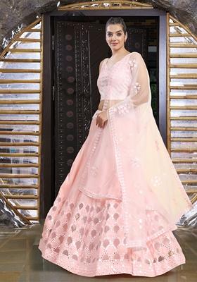 Pink Sequin Thread Embroidered Banglori Silk Lehenga Set