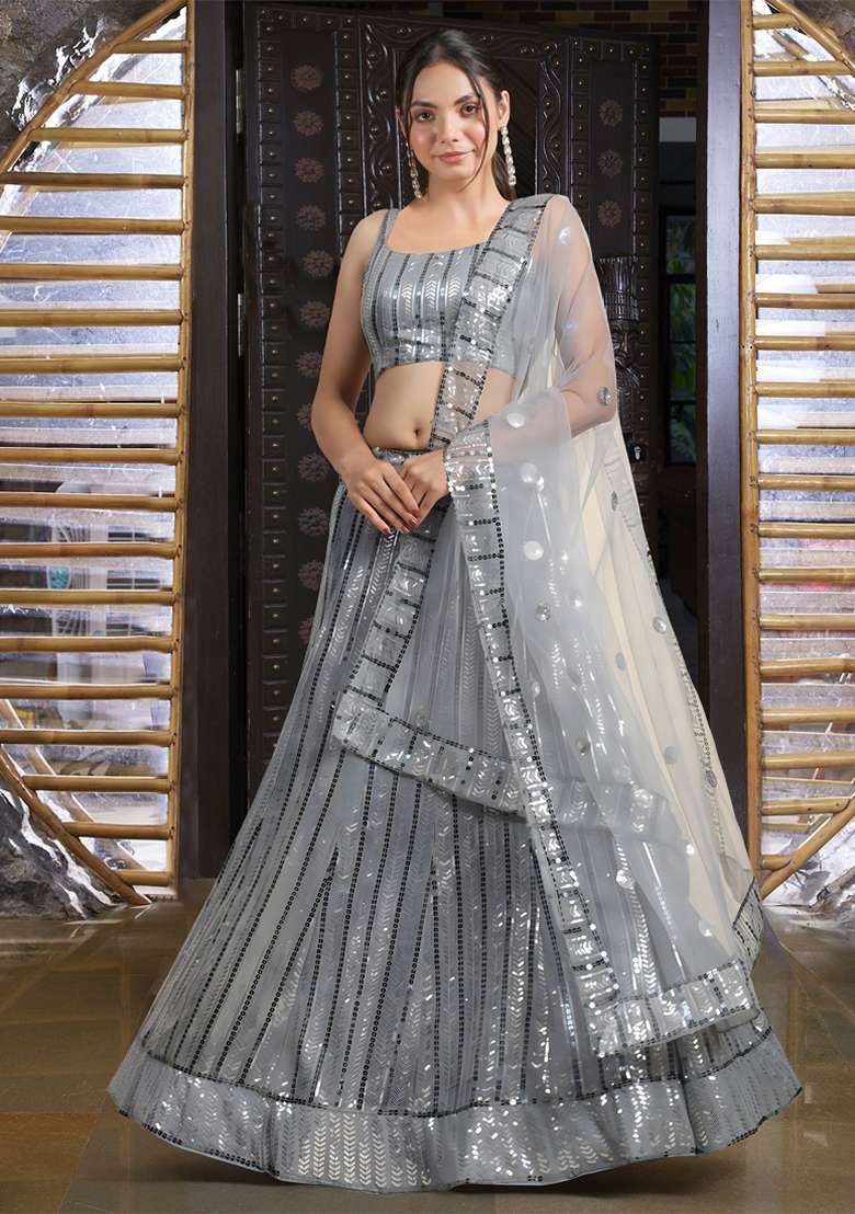 Grey Sequin Thread Embroidered Banglori Silk Lehenga Set - Indya