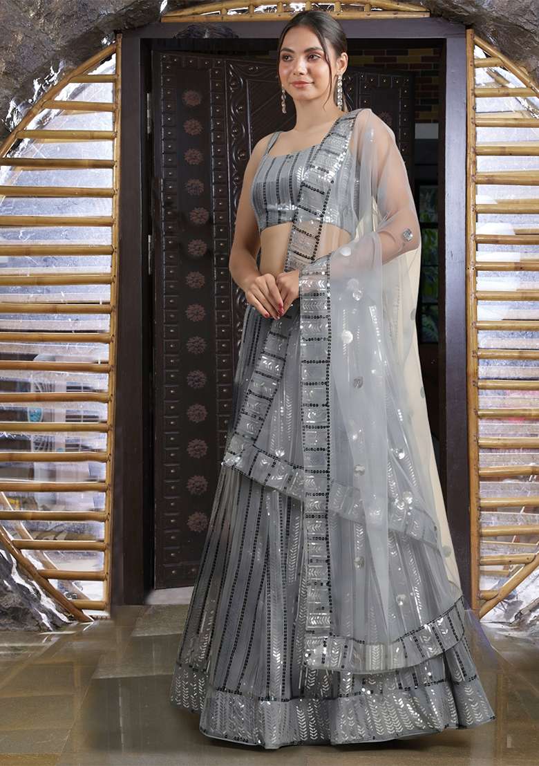 Grey Sequin Thread Embroidered Banglori Silk Lehenga Set - Indya