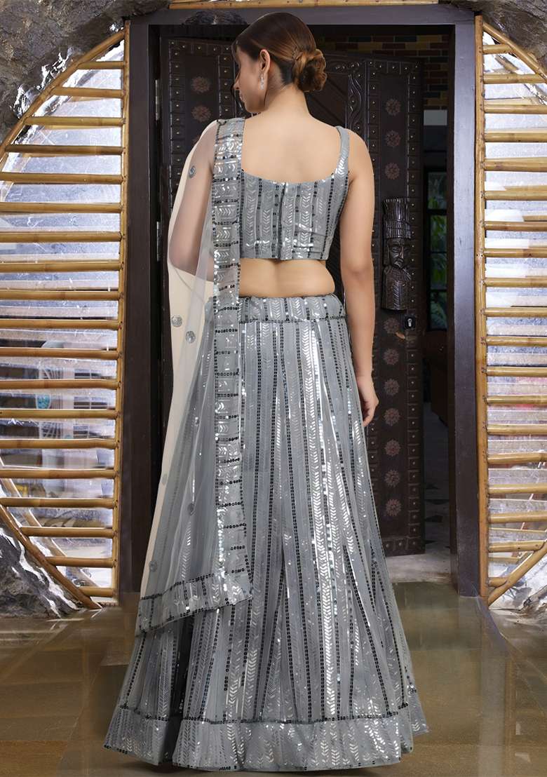 Grey Sequin Thread Embroidered Banglori Silk Lehenga Set - Indya