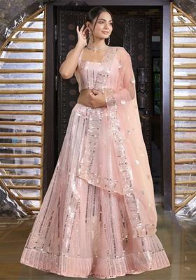 Pink Sequin Thread Embroidered Banglori Silk Lehenga Set