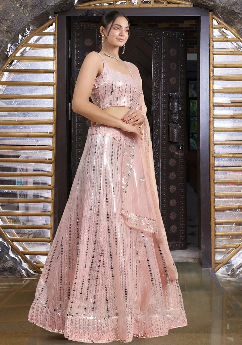 Pink Sequin Thread Embroidered Banglori Silk Lehenga Set