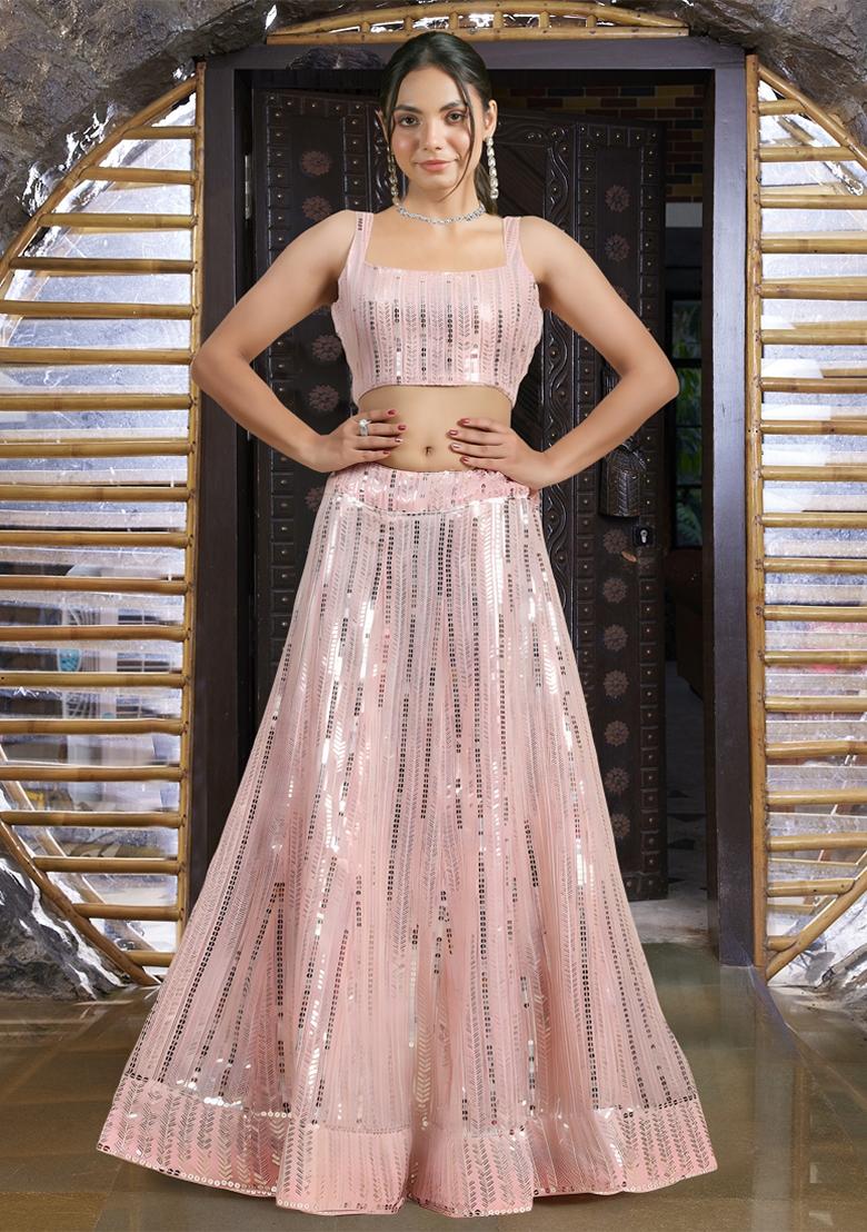 Pink Sequin Thread Embroidered Banglori Silk Lehenga Set