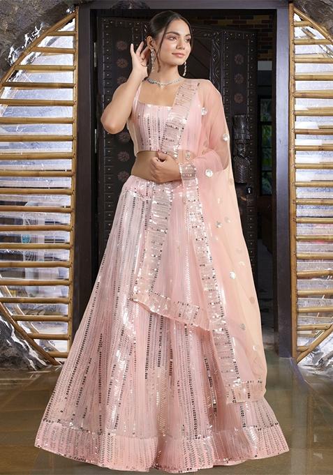Pink Sequin Thread Embroidered Banglori Silk Lehenga Set