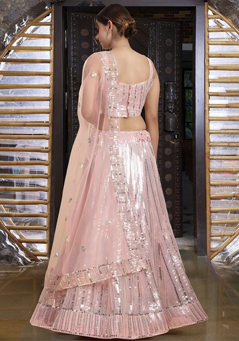 Pink Sequin Thread Embroidered Banglori Silk Lehenga Set