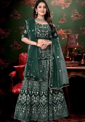 Green Sequin Thread Embroidered Banglori Silk Lehenga Set