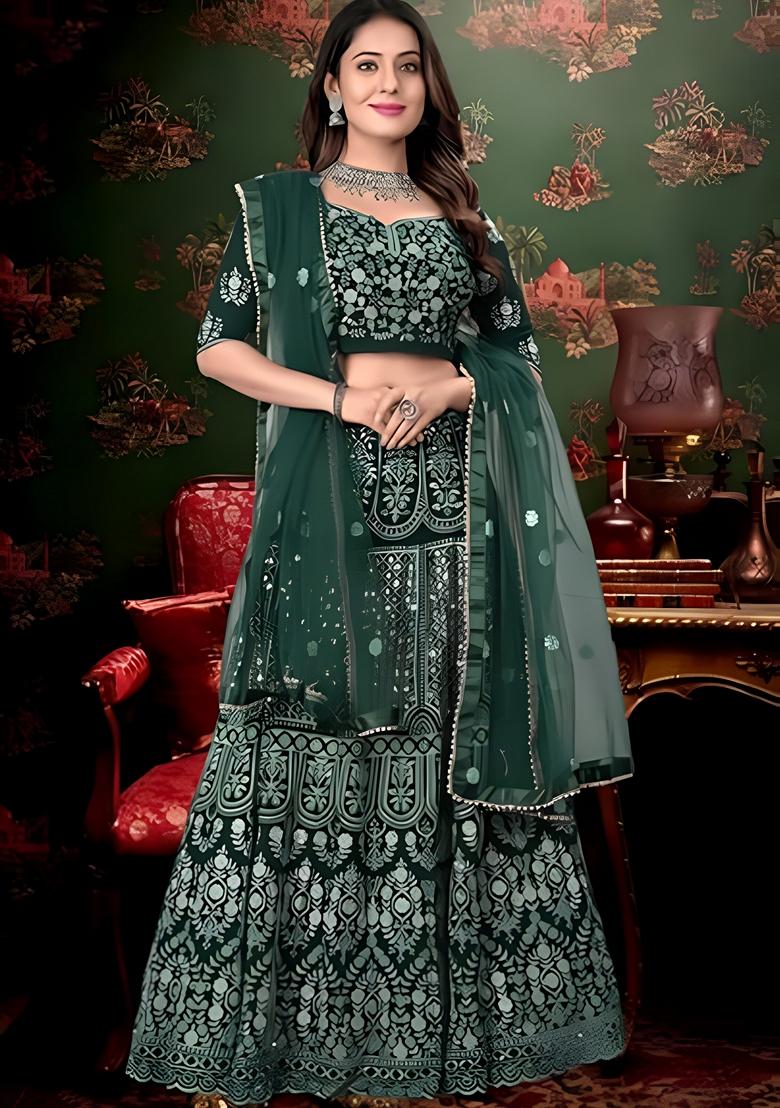 Green Sequin Thread Embroidered Banglori Silk Lehenga Set