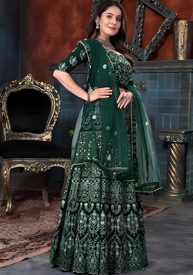 Green Sequin Thread Embroidered Banglori Silk Lehenga Set