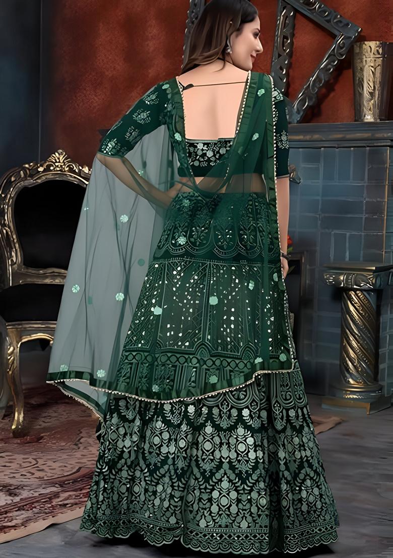 Green Sequin Thread Embroidered Banglori Silk Lehenga Set