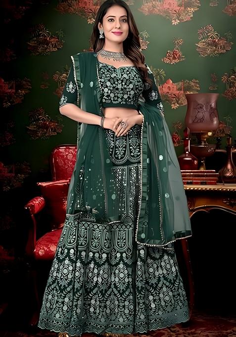 Green Sequin Thread Embroidered Banglori Silk Lehenga Set