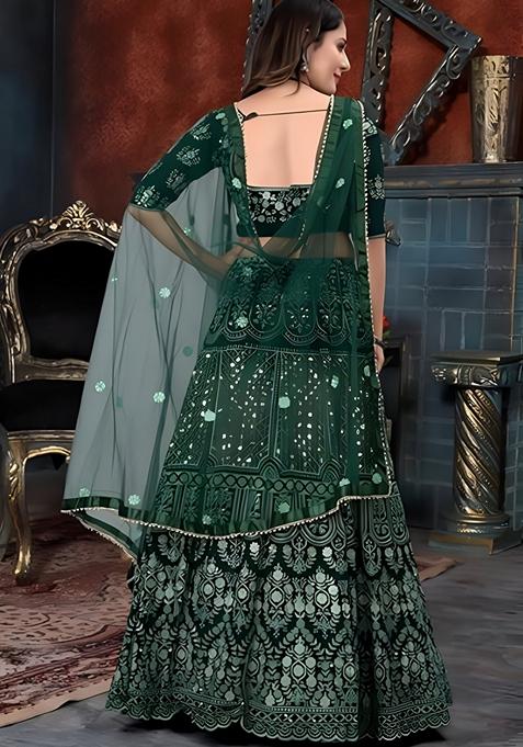 Green Sequin Thread Embroidered Banglori Silk Lehenga Set