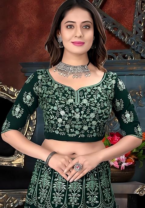 Green Sequin Thread Embroidered Banglori Silk Lehenga Set