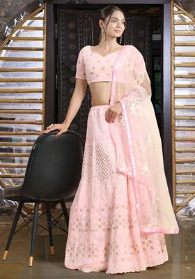 Pink Sequin Thread Embroidered Banglori Silk Lehenga Set