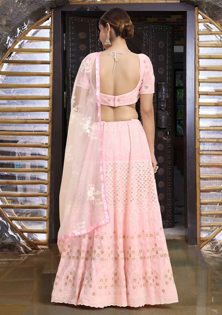 Pink Sequin Thread Embroidered Banglori Silk Lehenga Set - Indya