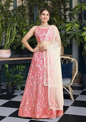 Pink Sequin Zari Embroidered Banglori Silk Lehenga Set