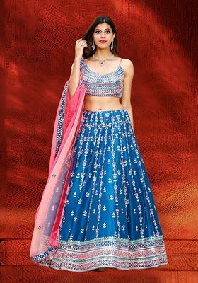 Blue Sequin Zari Embroidered Banglori Silk Lehenga Set