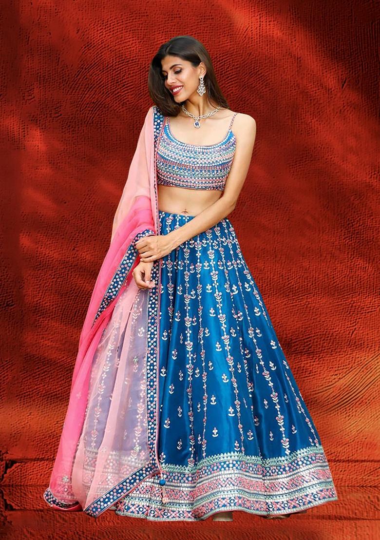 Blue Sequin Zari Embroidered Banglori Silk Lehenga Set