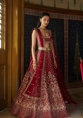 Maroon Sequin Zari Embroidered Banglori Silk Lehenga Set