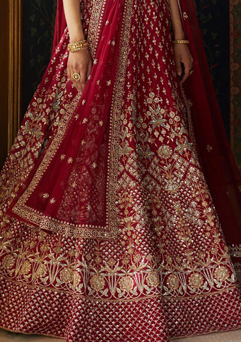 Maroon Sequin Zari Embroidered Banglori Silk Lehenga Set