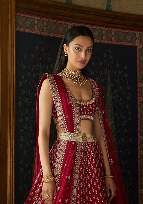 Maroon Sequin Zari Embroidered Banglori Silk Lehenga Set