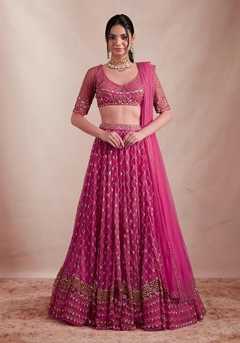 Pink Sequin Zari Embroidered Banglori Silk Lehenga Set