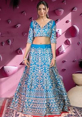Teal Sequin Zari Embroidered Banglori Silk Lehenga Set