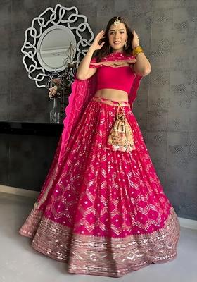 Magenta Sequin Zari Embroidered Banglori Silk Lehenga Set