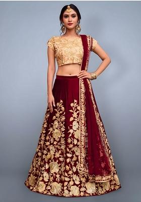 Maroon Zari Dori Embroidered Banglori Silk Lehenga Set