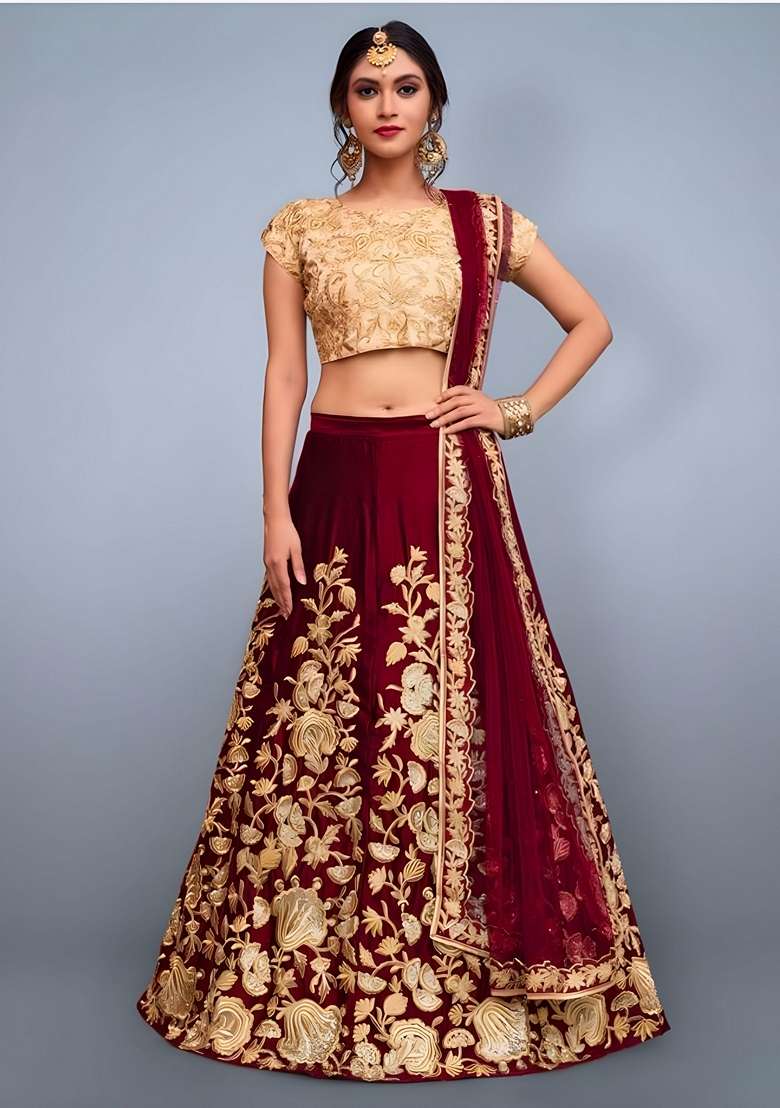 Maroon Zari Dori Banglori Silk Blend Lehenga Set with Embroidered for Diwali | Wedding & Festive Wear - Indya