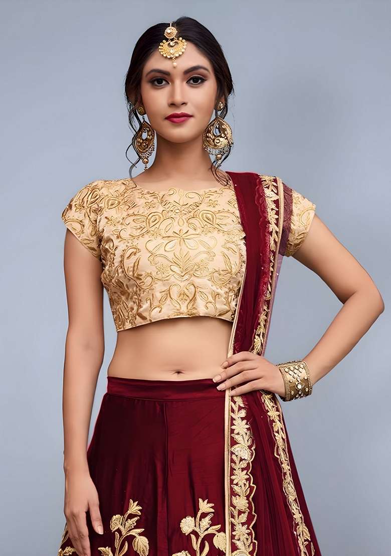 Maroon Zari Dori Banglori Silk Blend Lehenga Set with Embroidered for Diwali | Wedding & Festive Wear - Indya