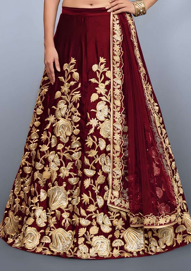 Maroon Zari Dori Banglori Silk Blend Lehenga Set with Embroidered for Diwali | Wedding & Festive Wear - Indya