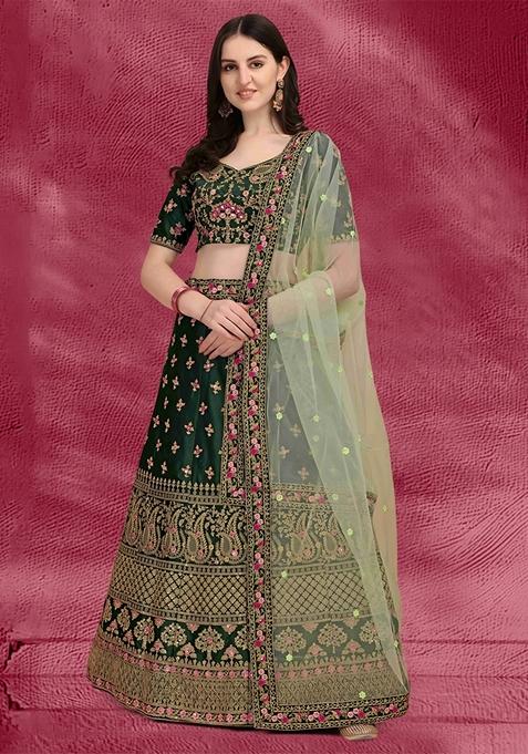 Dark Green Sequin Thread Embroidered Banglori Silk Lehenga Set