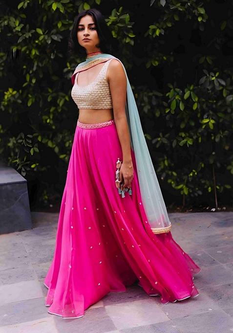 Pink Bead Embroidered Banglori Silk Lehenga Set